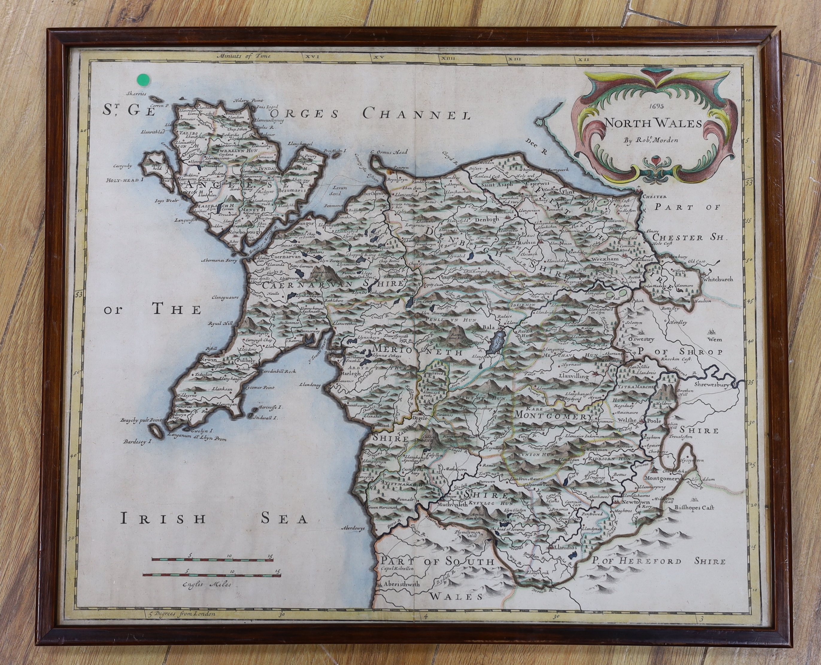 Robert Morden (1650-1703), hand coloured Map of North Wales, 36 x 44cm